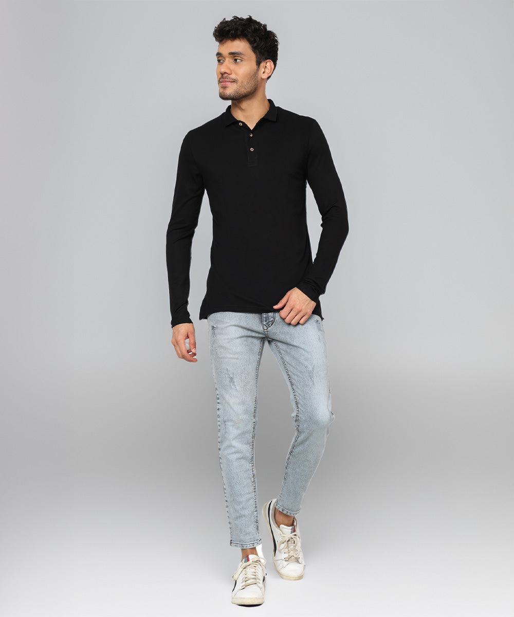 Naturefab Herren Bio-Bambus Langarm-Poloshirt Schwarz