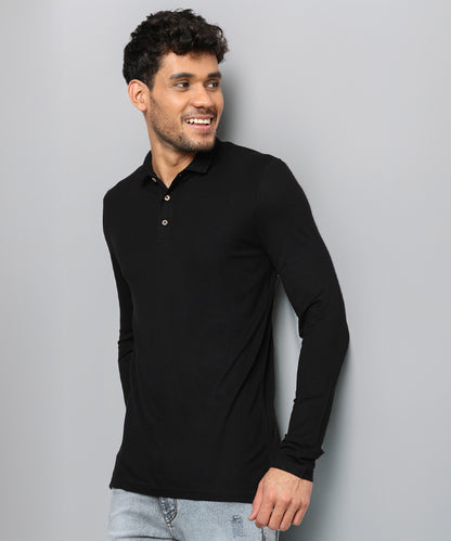 Naturefab Men's Organic Bamboo Long Sleeve Polo Tshirt Black