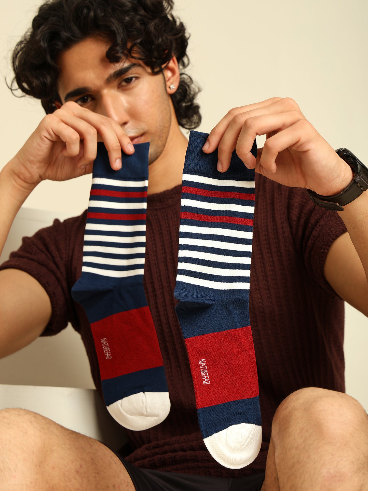 Naturefab Men's Bamboo Full Length socks Maroon Stripes