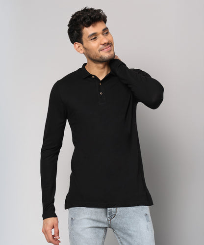 Naturefab Men's Organic Bamboo Long Sleeve Polo Tshirt Black