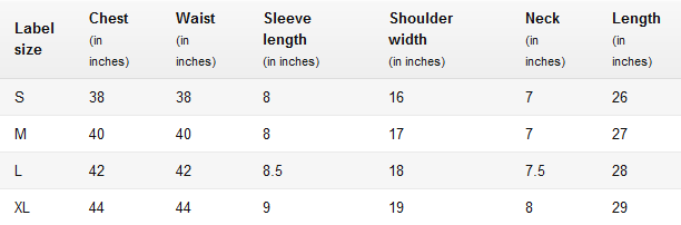 Men’s Round Neck T-Shirts Size Chart